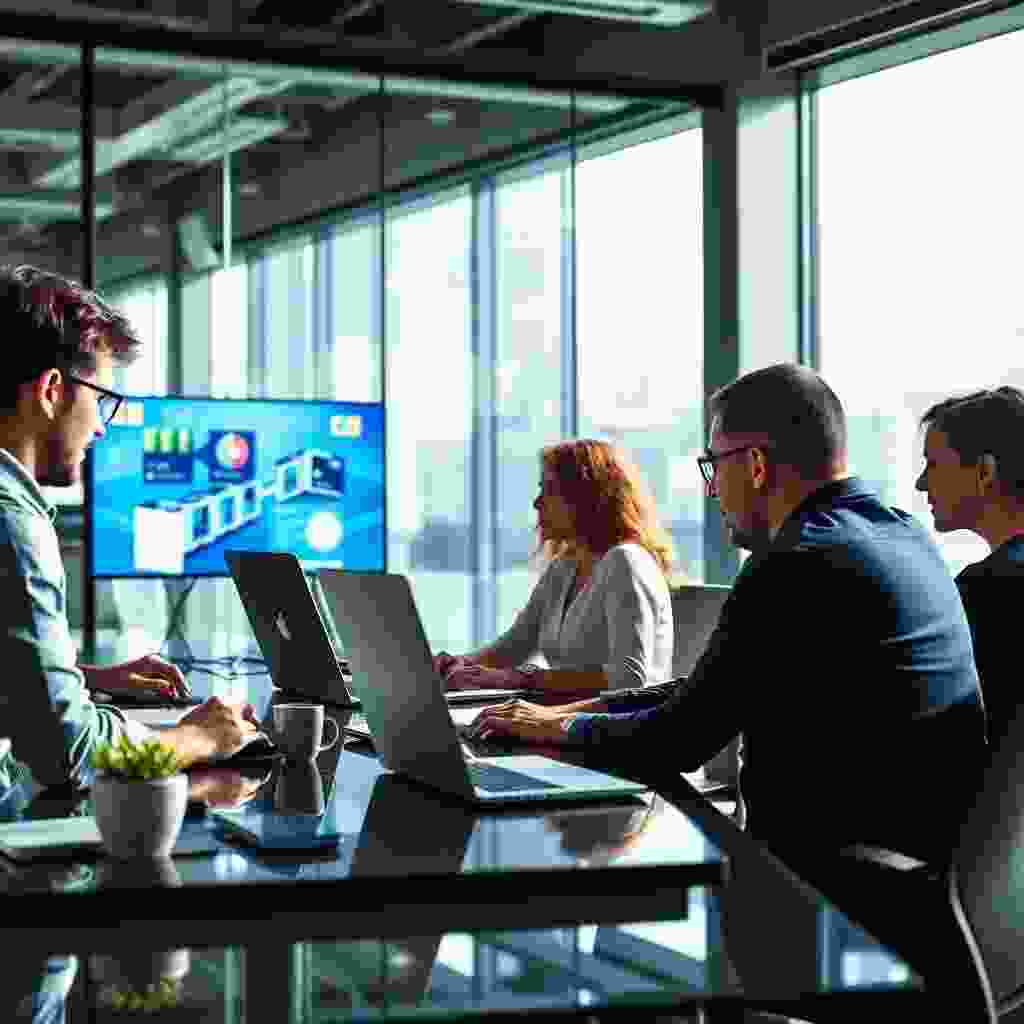 Diverse team collaborating in modern glass office with laptops and screens, natural lighting, professional photography, cinematic