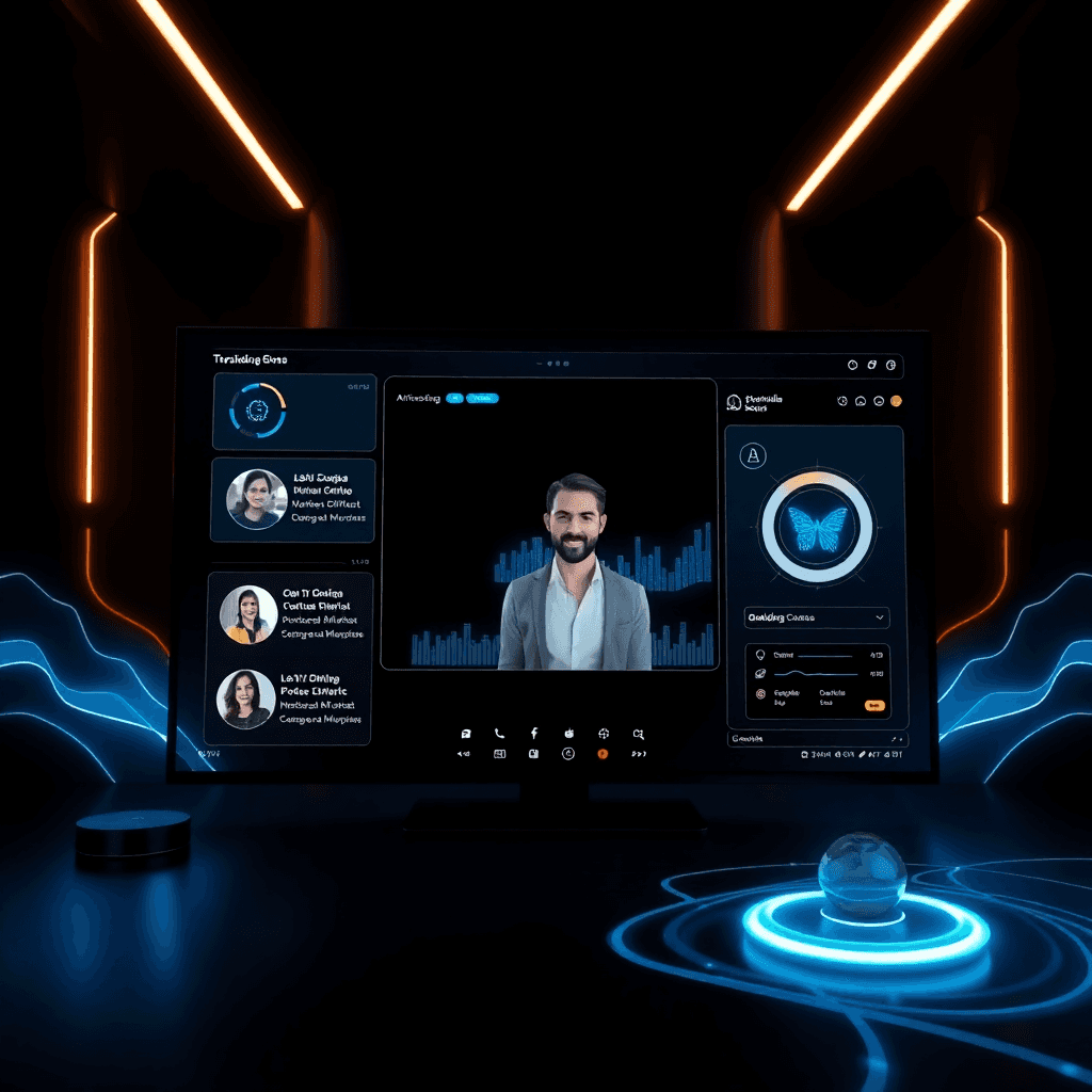 Modern video conference interface with AI features, futuristic dashboard, holographic elements, dark theme