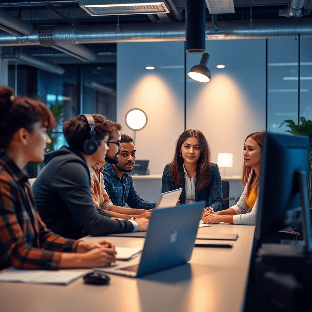 Modern tech startup office with diverse team collaborating, AI and video technology theme, professional lighting